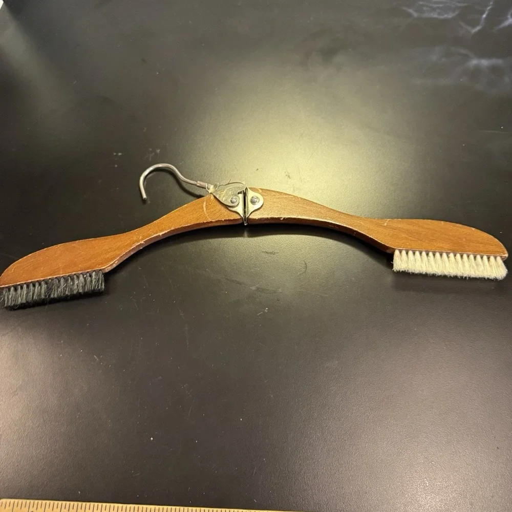 Vintage Folding Wooden Coat Hanger Clothes with Brush Made in‎ Japan